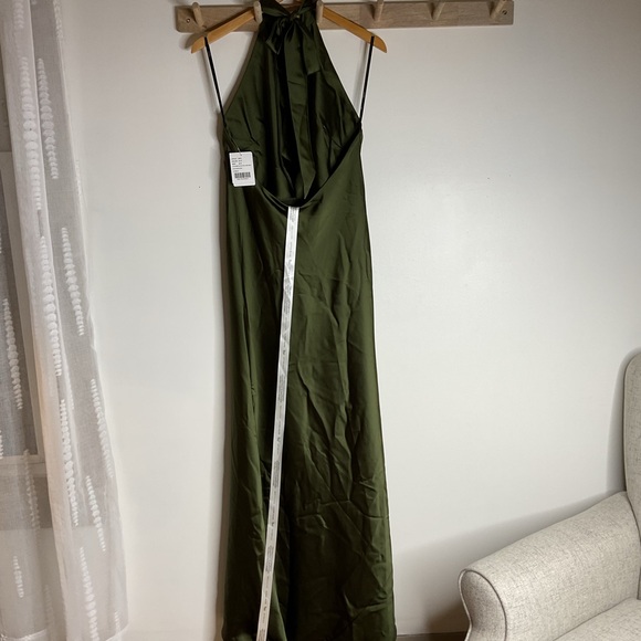 Social Bridesmaids Tie High Neck Halter Olive Green Slip Backless Maxi Dress NWT - Picture 4 of 11